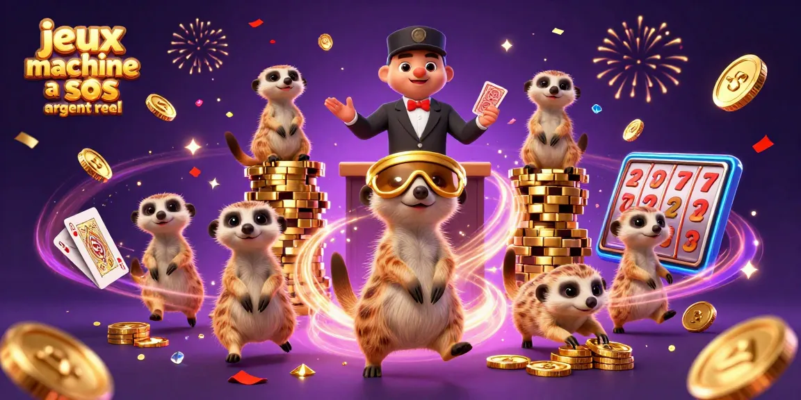 Jouez aux jeux de machines à sous en argent réel avec des suricates animés dans un casino animé.