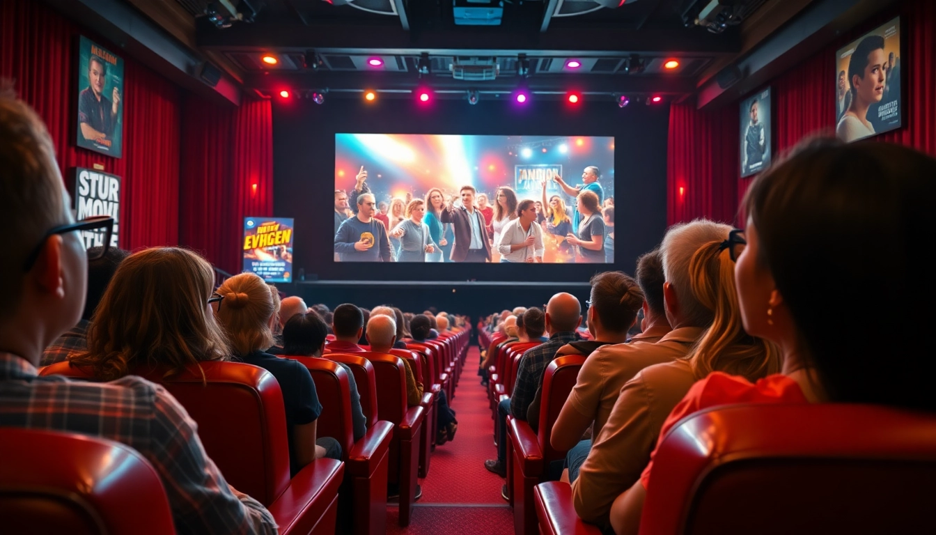 ชมภาพยนตร์ที่ 7-hd.com บนจอขนาดใหญ่ในโรงภาพยนตร์ พร้อมด้วยผู้คนที่ตื่นเต้น