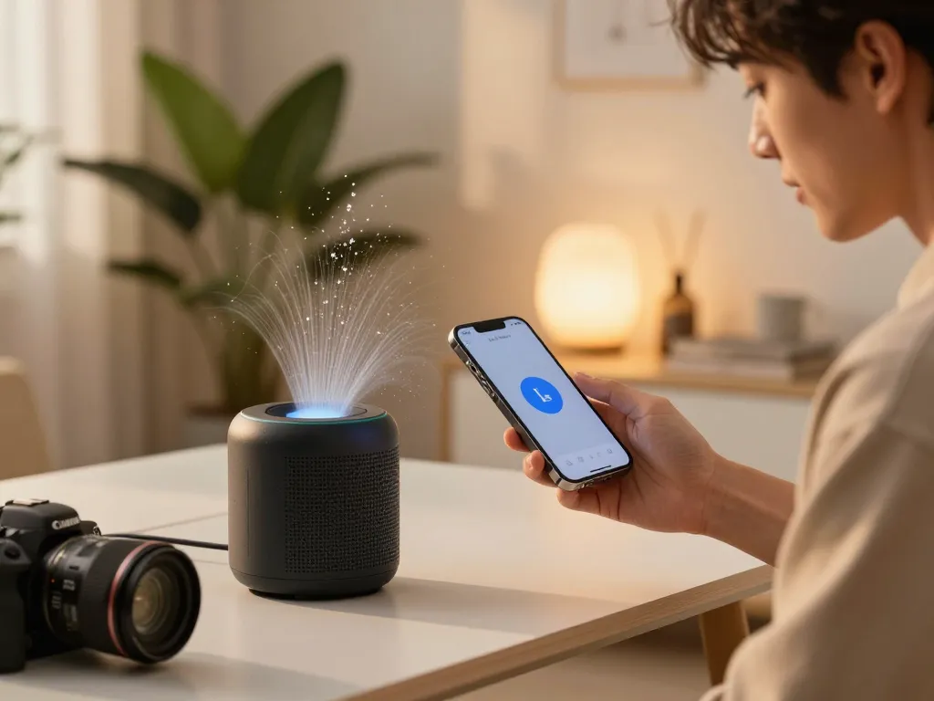Fix My Speaker tool in action with smartphone ejecting water from phone speaker in a cozy home environment.