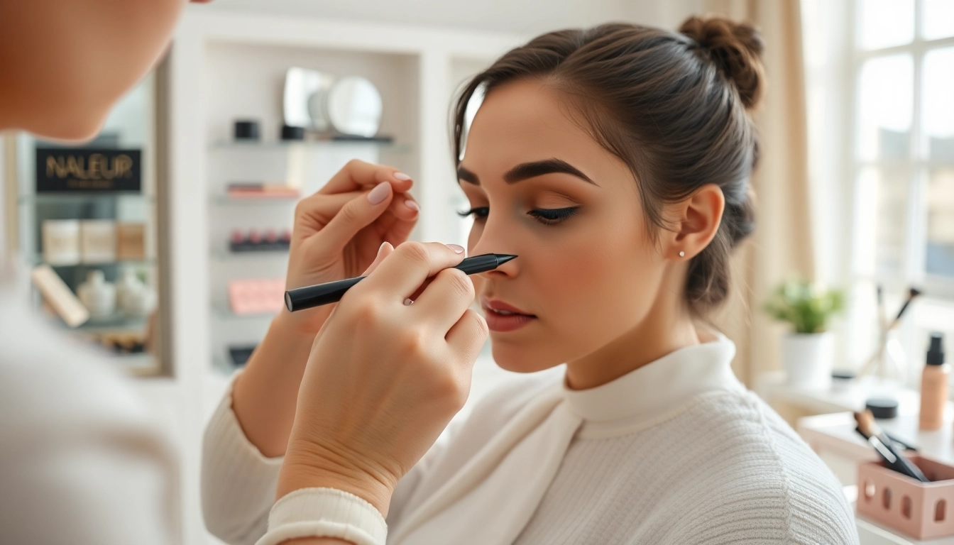 Apply eyebrow pen expertly for perfectly defined brows in a bright makeup studio.