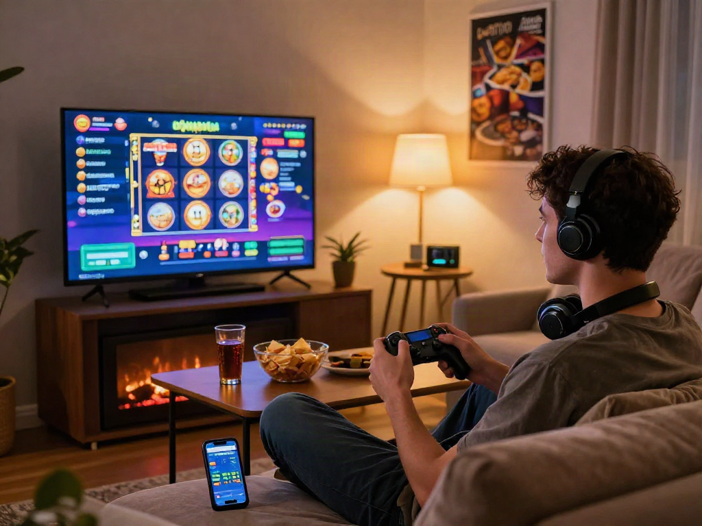 Enjoying a lively slot kamboja gaming session at home with snacks and cozy lighting.