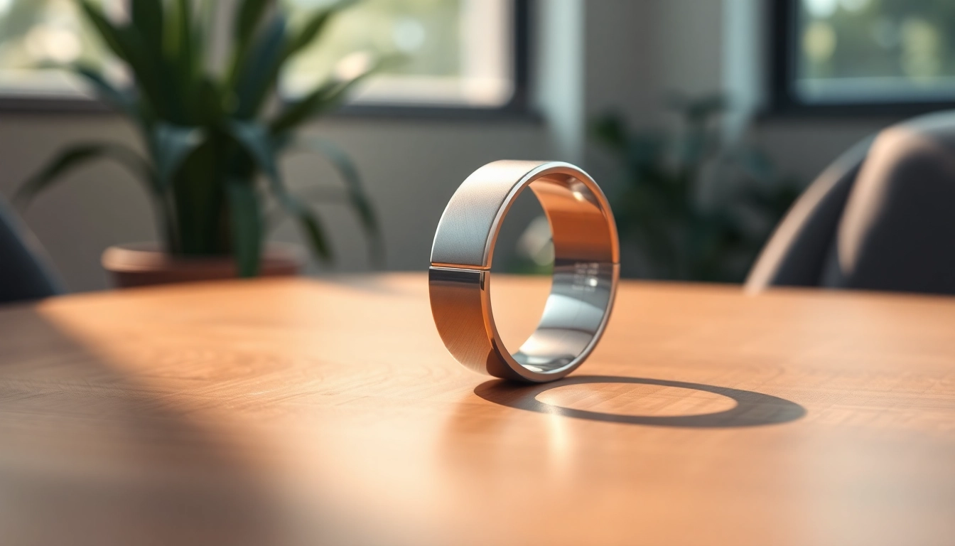 Showcasing the Health Ring on a wooden table, highlighting its sleek design and health features.