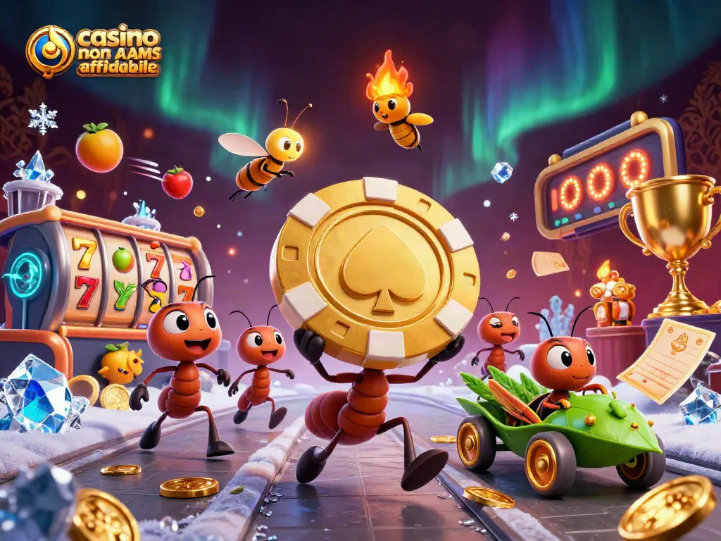 Gioca ai casino non AAMS affidabili con poker chip dorate trasportate da formiche in una scena dinamica.