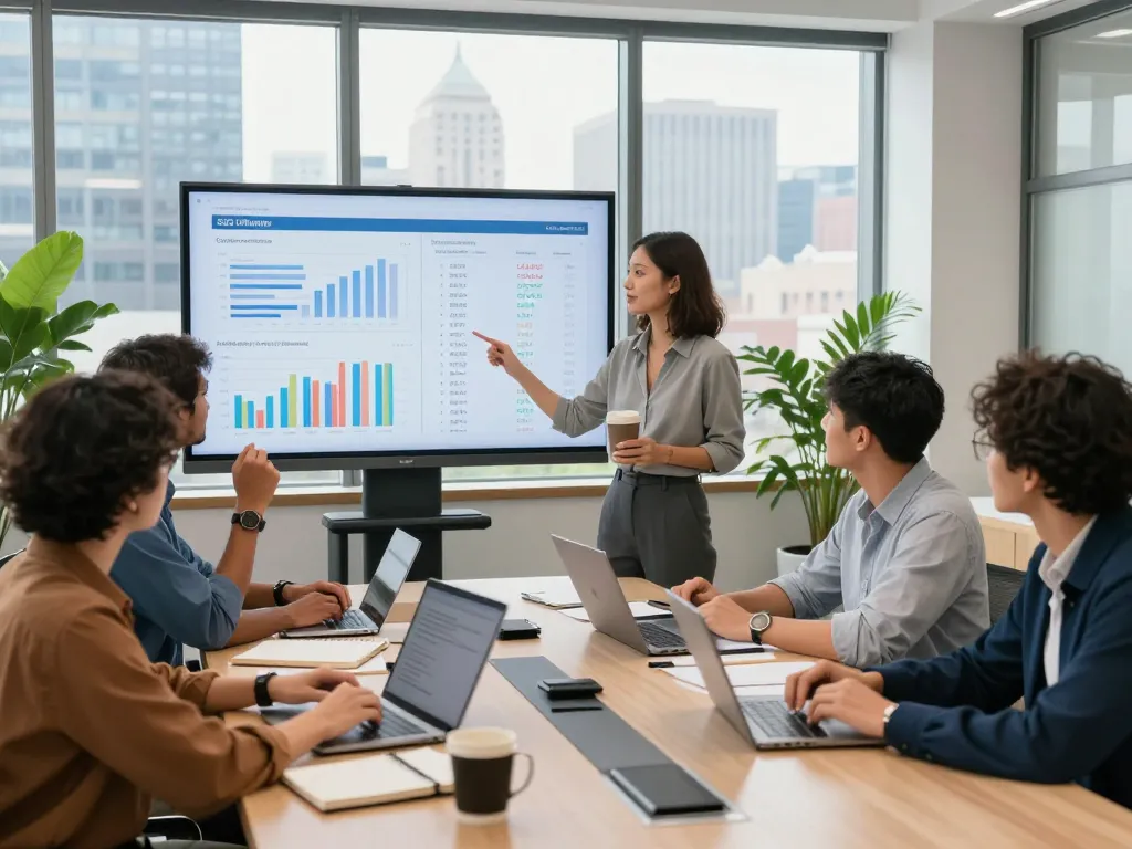 New York SEO Services team collaborating in a modern office meeting.