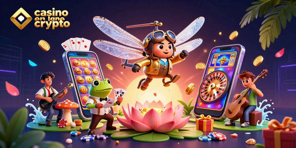 Casino en ligne crypto : animation festive avec un dragon volant, un croupier grenouille et un band musical.