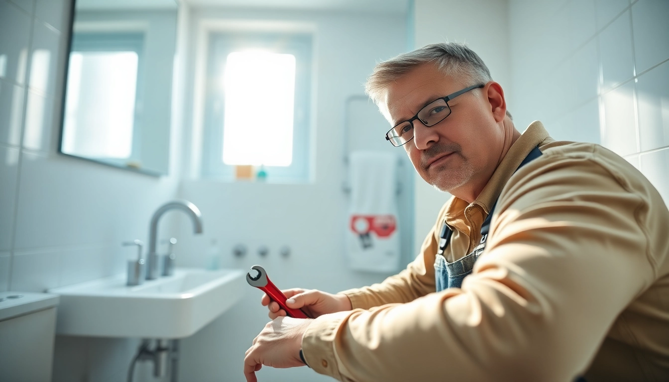 Bristol plumber working diligently on a sink in a modern bathroom environment.