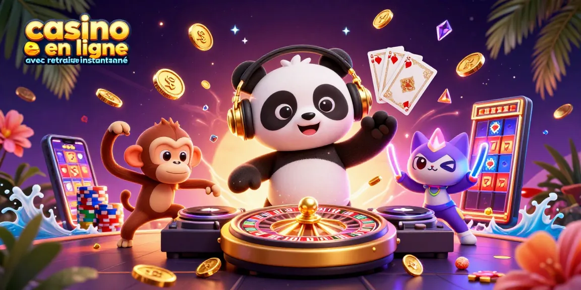 Jouer au casino en ligne avec retrait instantané, un DJ panda anime la fête avec des éléments de casino animés.