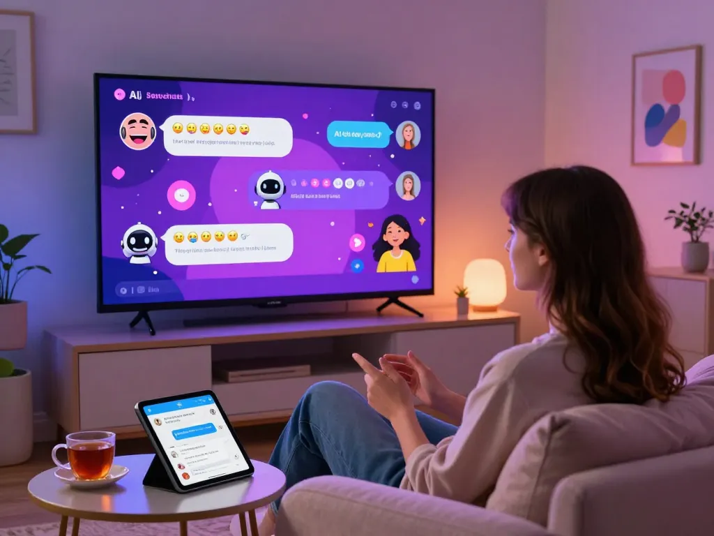 Engaging AI sex chat interaction on a vibrant digital interface in a cozy home setting.