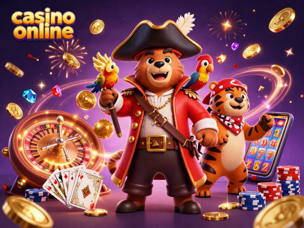 Vinci nei casinò online con una scena avvincente di un orso pirata e una tigre tra monete e giochi.