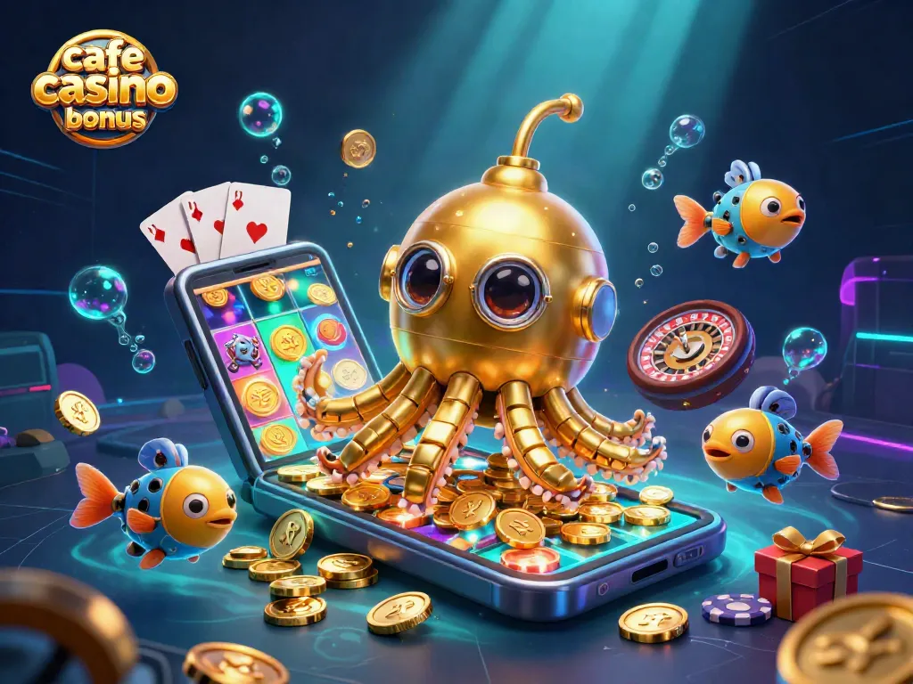 Engage with the cafe casino no deposit bonus, featuring a kraken submarine amidst gold coins and gambling elements.