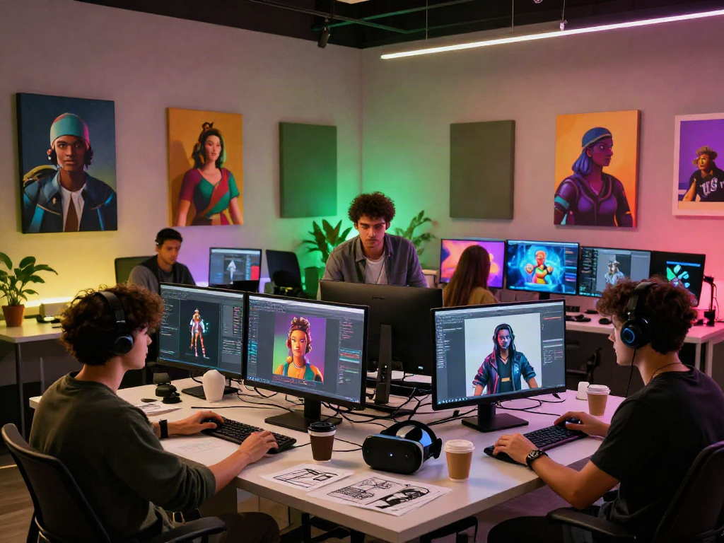 Creative team designing NSFW AI content in a futuristic studio.