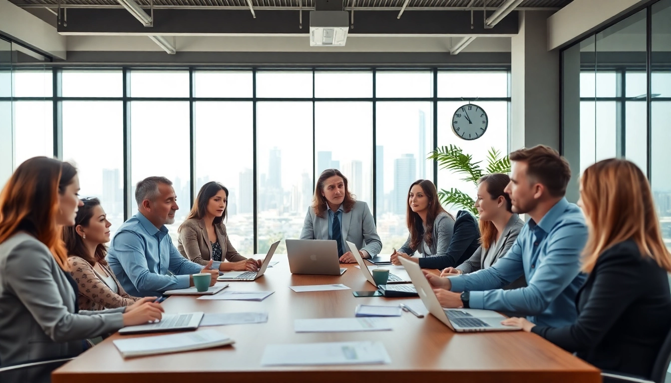 Engaged financial advisors collaborating with clients in a professional office environment.