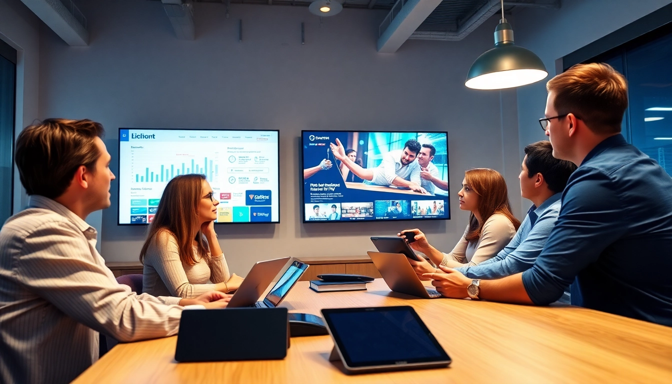 Engaging IPTV reseller demonstrating services to clients in a vibrant office setting.