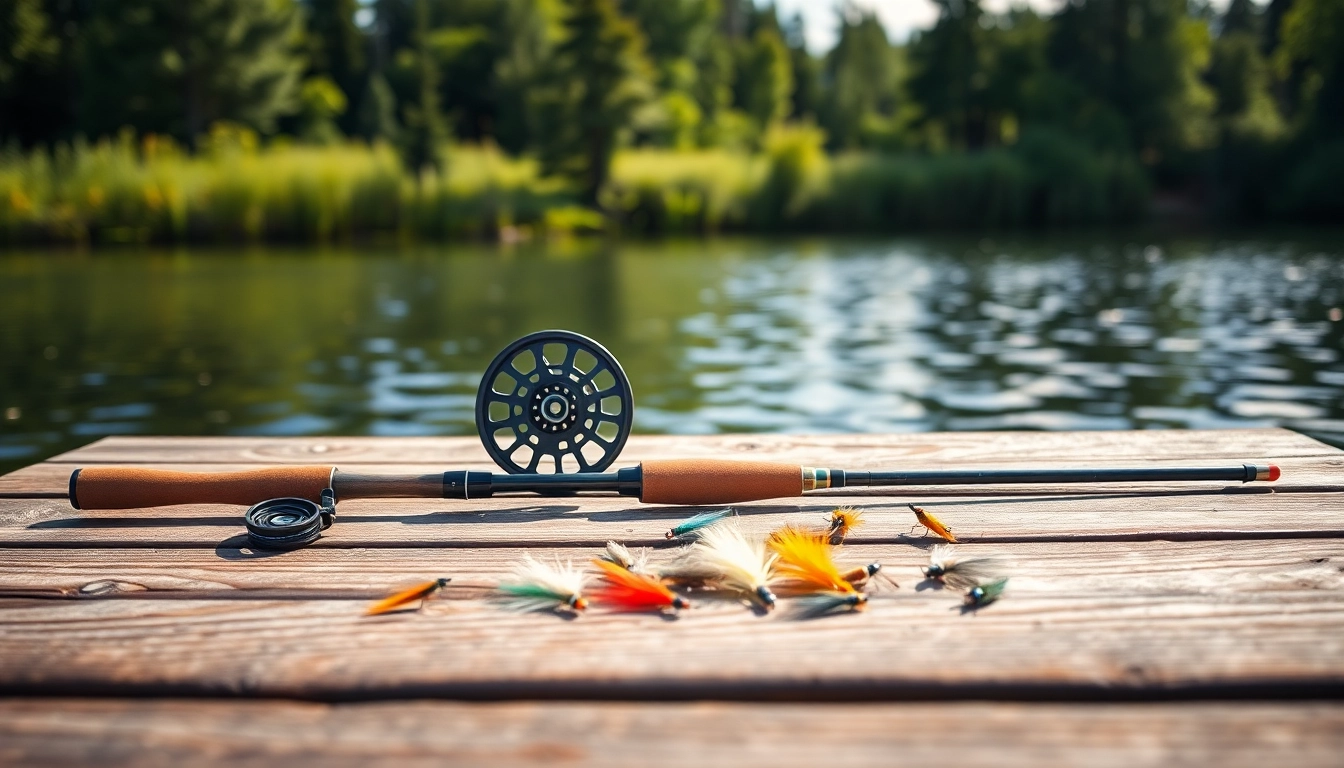 Showcase a well-prepared Fly fishing kit on a dock, emphasizing quality and outdoor leisure.