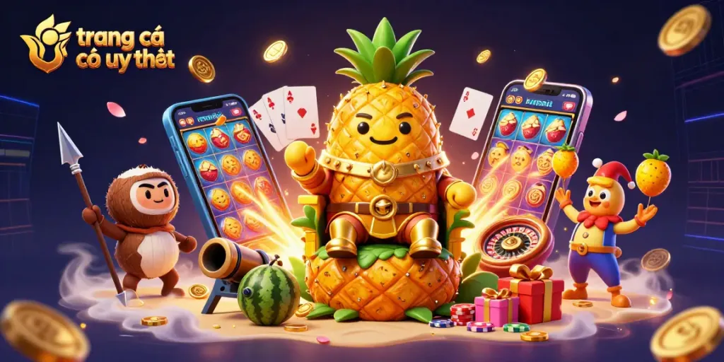 Khám phá trang cá cược uy tín với hình ảnh vương quốc trái cây và các nhân vật vui nhộn.