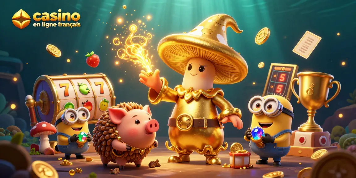 Un incroyable casino en ligne français mettant en vedette des personnages de champignons et des machines à sous scintillantes.