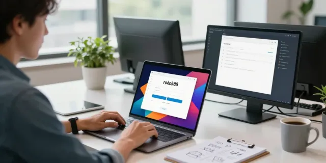 A focused individual accessing the rokok88 login page on a laptop in a modern office.