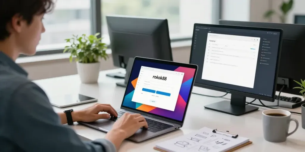 A focused individual accessing the rokok88 login page on a laptop in a modern office.