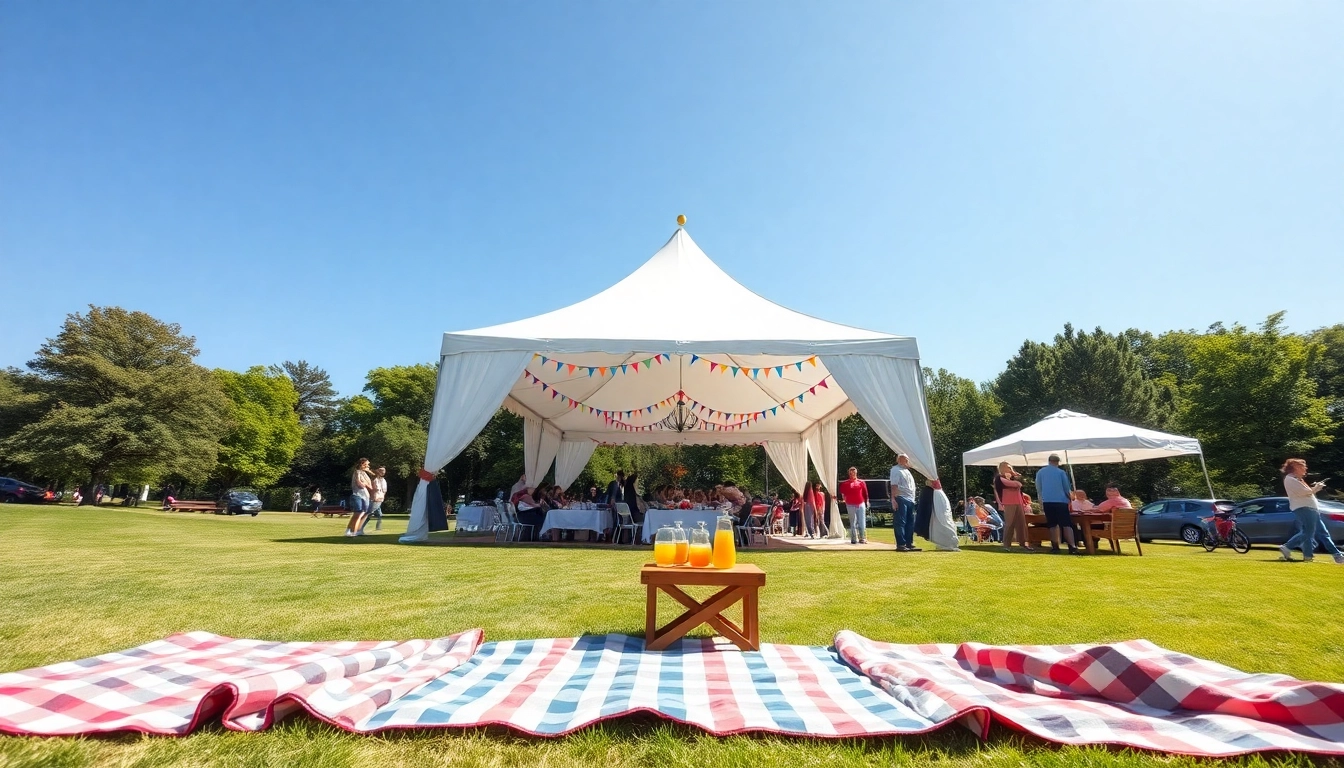 Gather around the spacious canopy tent in a lush park, surrounded by picnic setups.