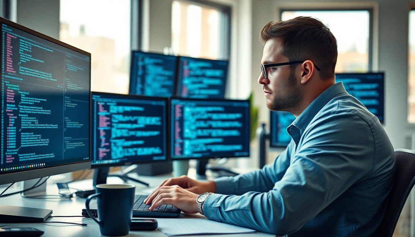 Engineer developing a test automation tool amidst tech gadgets in a bright office.