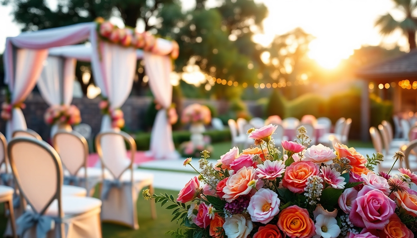 Stunning wedding rentals display with elegant chairs and floral decor in a picturesque garden setting.