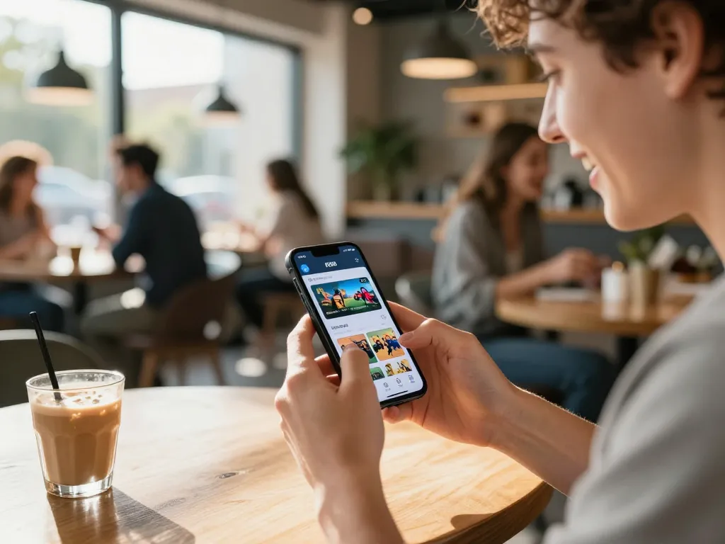 Experience the excitement of the RR88 App while enjoying a casual café atmosphere, highlighting mobile gaming.