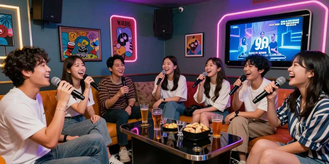 Friends enjoying karaoke at https://www.magic4karaoke.com/ in a vibrant Jeju Island nightlife.