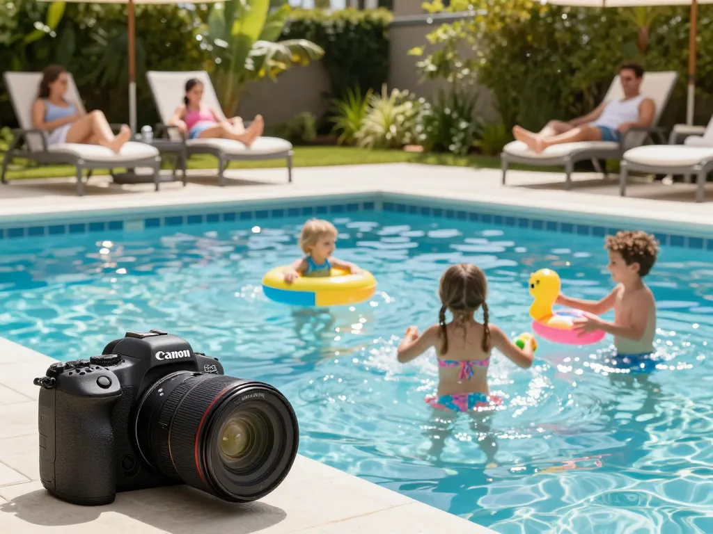 Dolphin Pool Services maintains a pristine pool while a family enjoys their outdoor space.