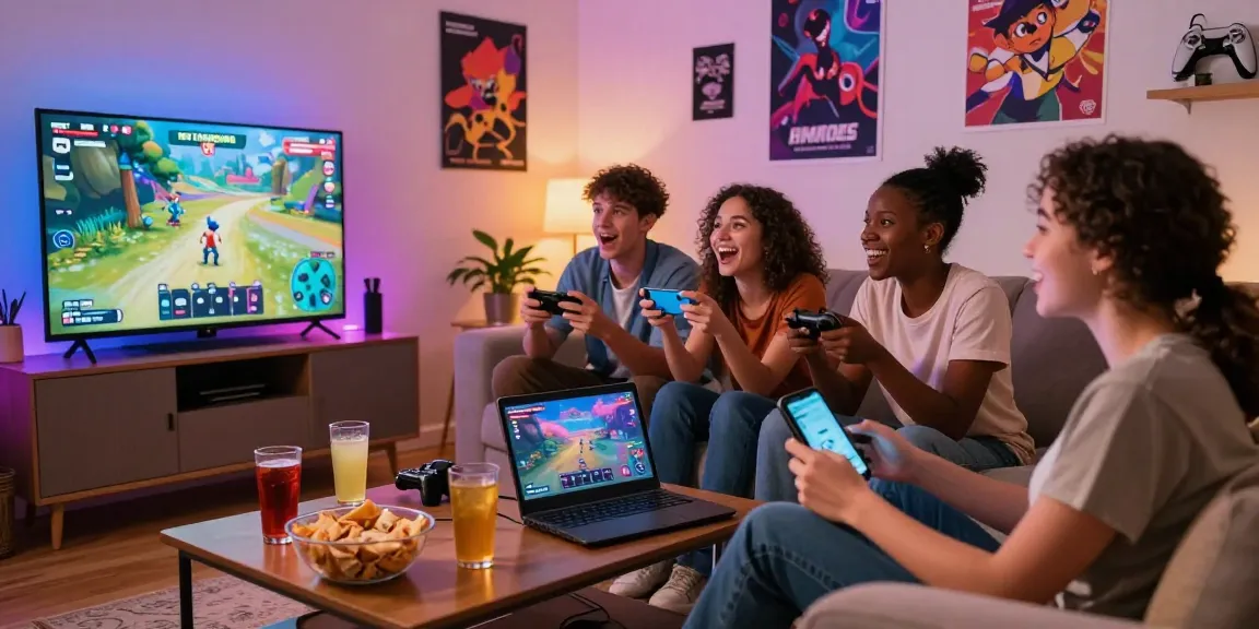Group enjoying HTML porn games together in a cozy gaming room.