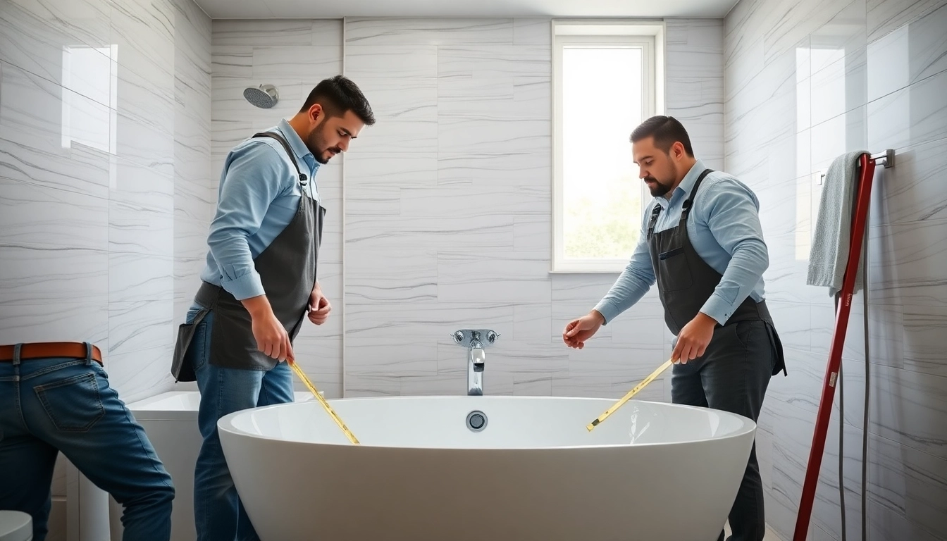View of bathroom contractors near me installing premium features in a stylish bathroom.