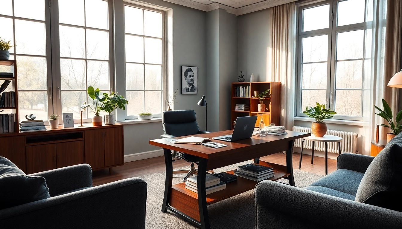 Engaging scene of a German psychiatrist in India with a warm and inviting office atmosphere.