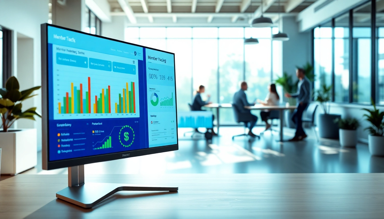 Optimize member tracking systems displayed on a sleek office monitor with vibrant data visuals.