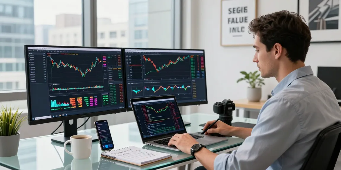 Trader analyzing MetaTrader 5 platform in a modern workspace with real-time data and charts.