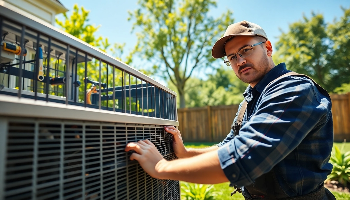 HVAC repair northsalem technician servicing an air conditioning unit in a bright garden setting.