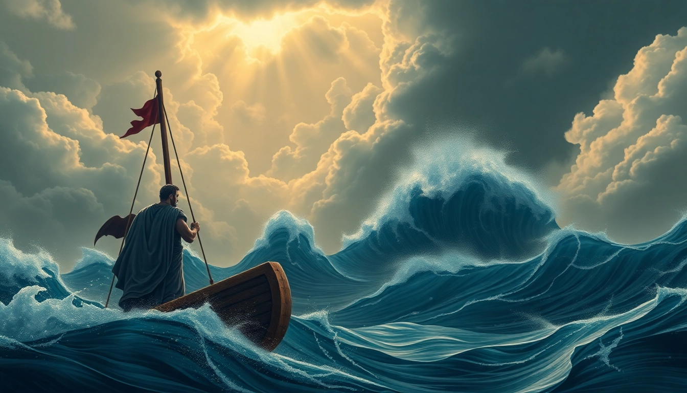 Explore the odyssey meaning origin with Odysseus navigating stormy seas, showcasing his epic journey.