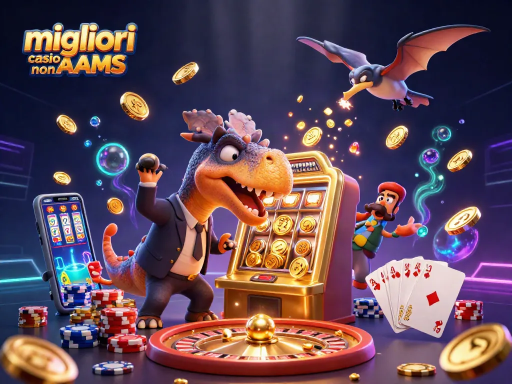 I migliori casino non AAMS con un pachycephalosaurus e un ankylosaur che animano una scena di vincita con slot machine.