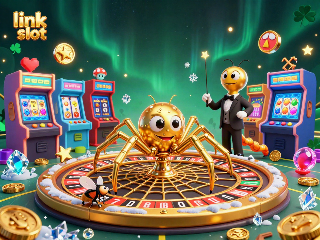 Engage in exciting gameplay at link slot, featuring a spider, croupier, and arcade machines.