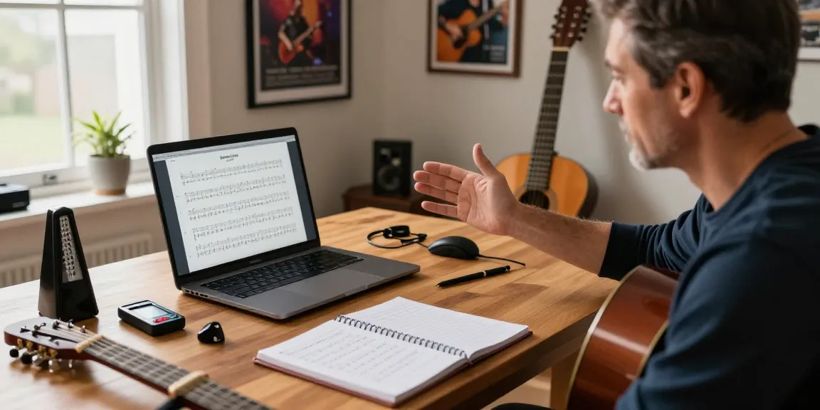Remote Guitar Lessons with a certified instructor in a cozy home studio setting filled with guitar accessories.