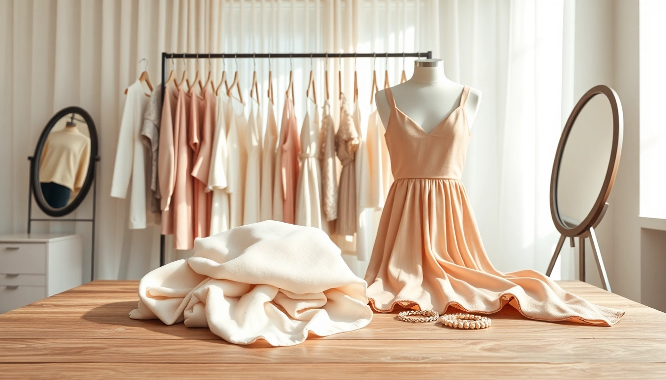 Rivelle showcases elegant fashion pieces displayed in a stylish boutique setting.