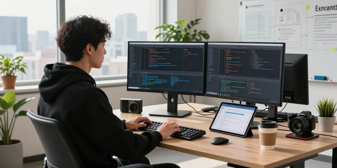 openclaw developer coding in modern office with dual monitors and bright natural light