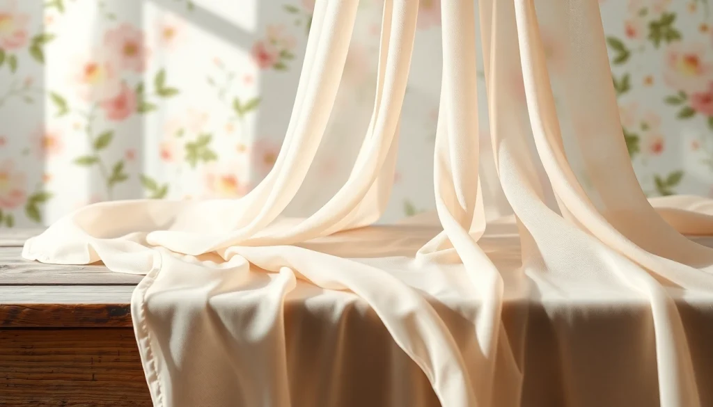 Mousseline stof gedrapeerd over een rustieke houten tafel met delicate textuur.