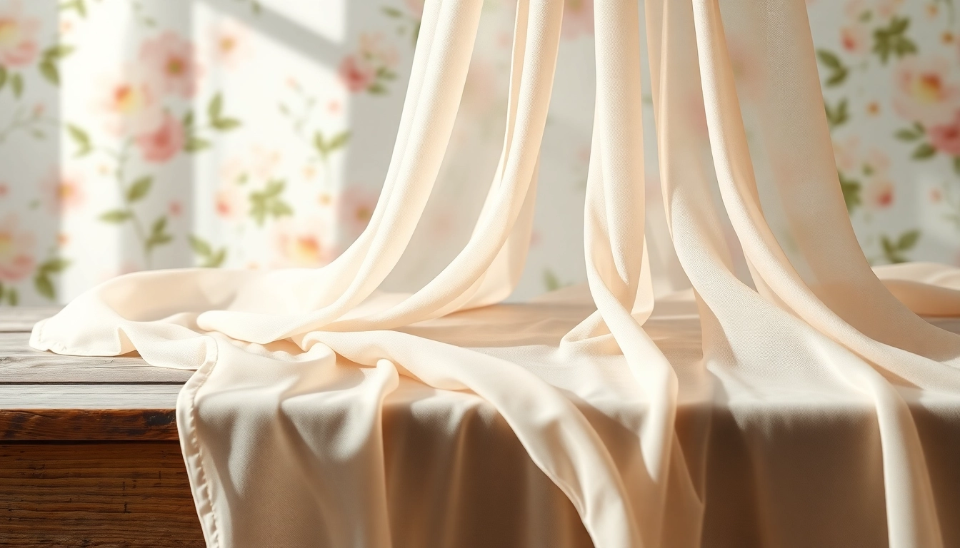 Mousseline stof gedrapeerd over een rustieke houten tafel met delicate textuur.