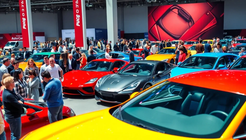 Discover the vibrant Auto Cars Show featuring sleek vehicles and excited attendees engaging in discussions.