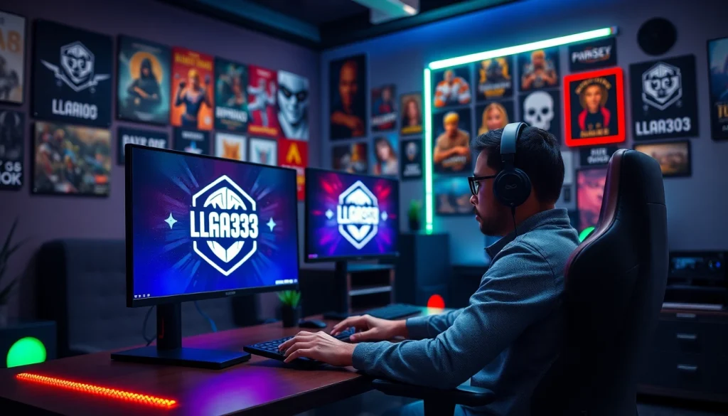 Gamer focused on daftar lapak303 game at a modern desk with dynamic lighting.
