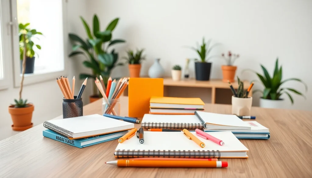 Shop premium stationery online UK with vibrant items arranged in a stylish home office.