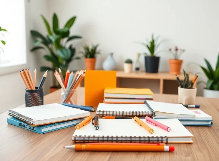 Shop premium stationery online UK with vibrant items arranged in a stylish home office.