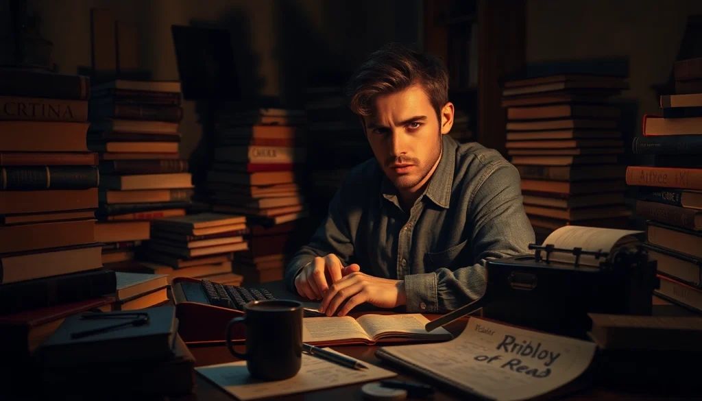 Thriller author immersed in writing with vintage typewriter and novels in a moody study.