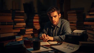 Thriller author immersed in writing with vintage typewriter and novels in a moody study.