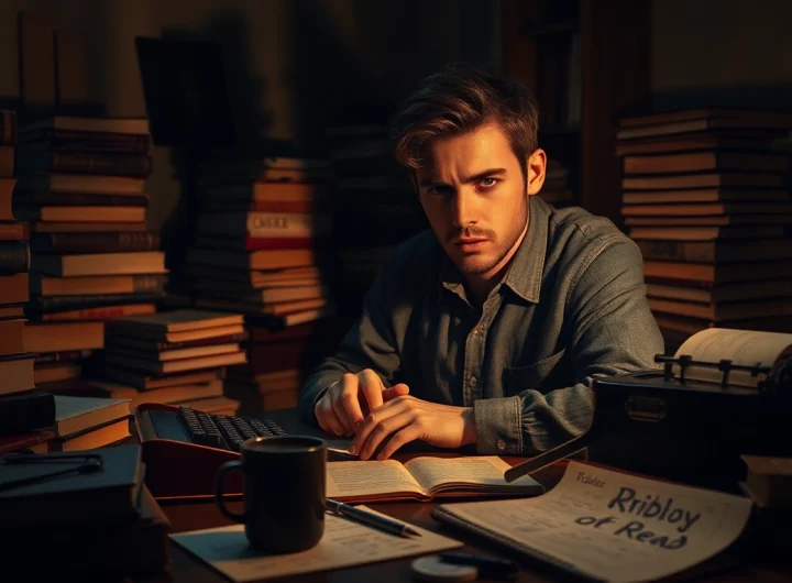 Thriller author immersed in writing with vintage typewriter and novels in a moody study.