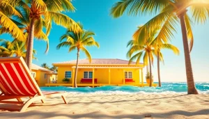 Coastal cabana with inviting beach ambience and palm trees, perfect for relaxation.